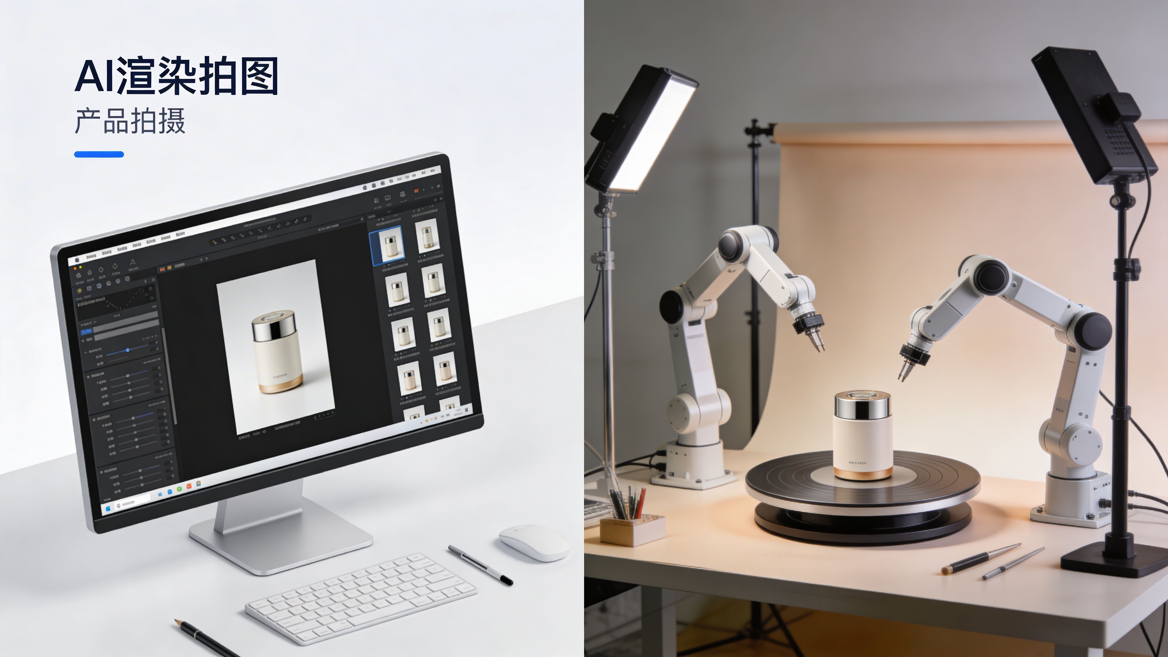 A split view showing AI rendering software on a computer monitor and robotic arms photographing a product.