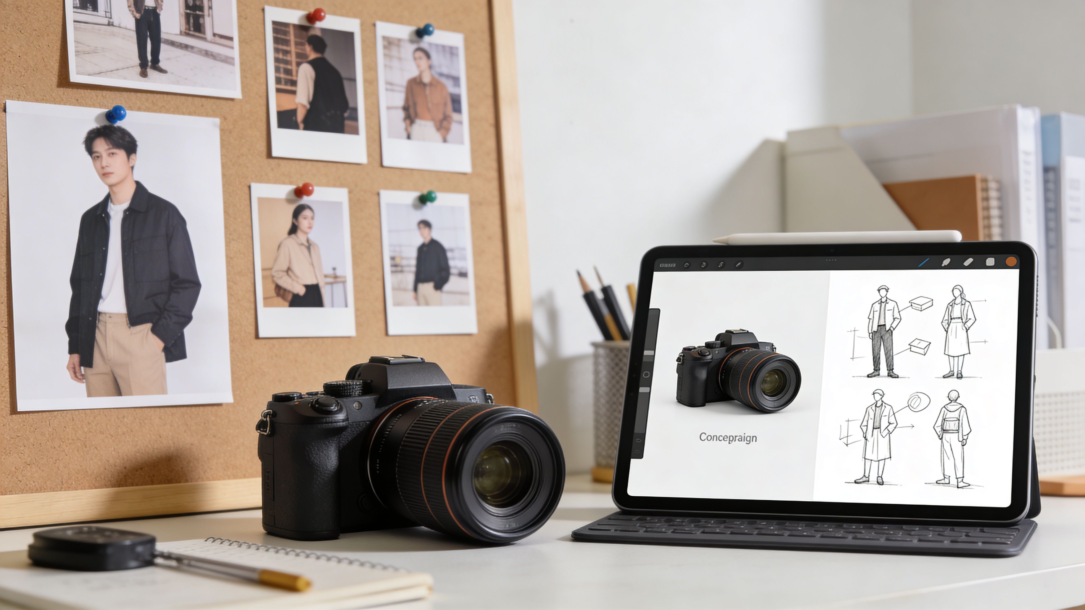 A professional camera sits on a desk next to an iPad displaying digital fashion and camera sketches.