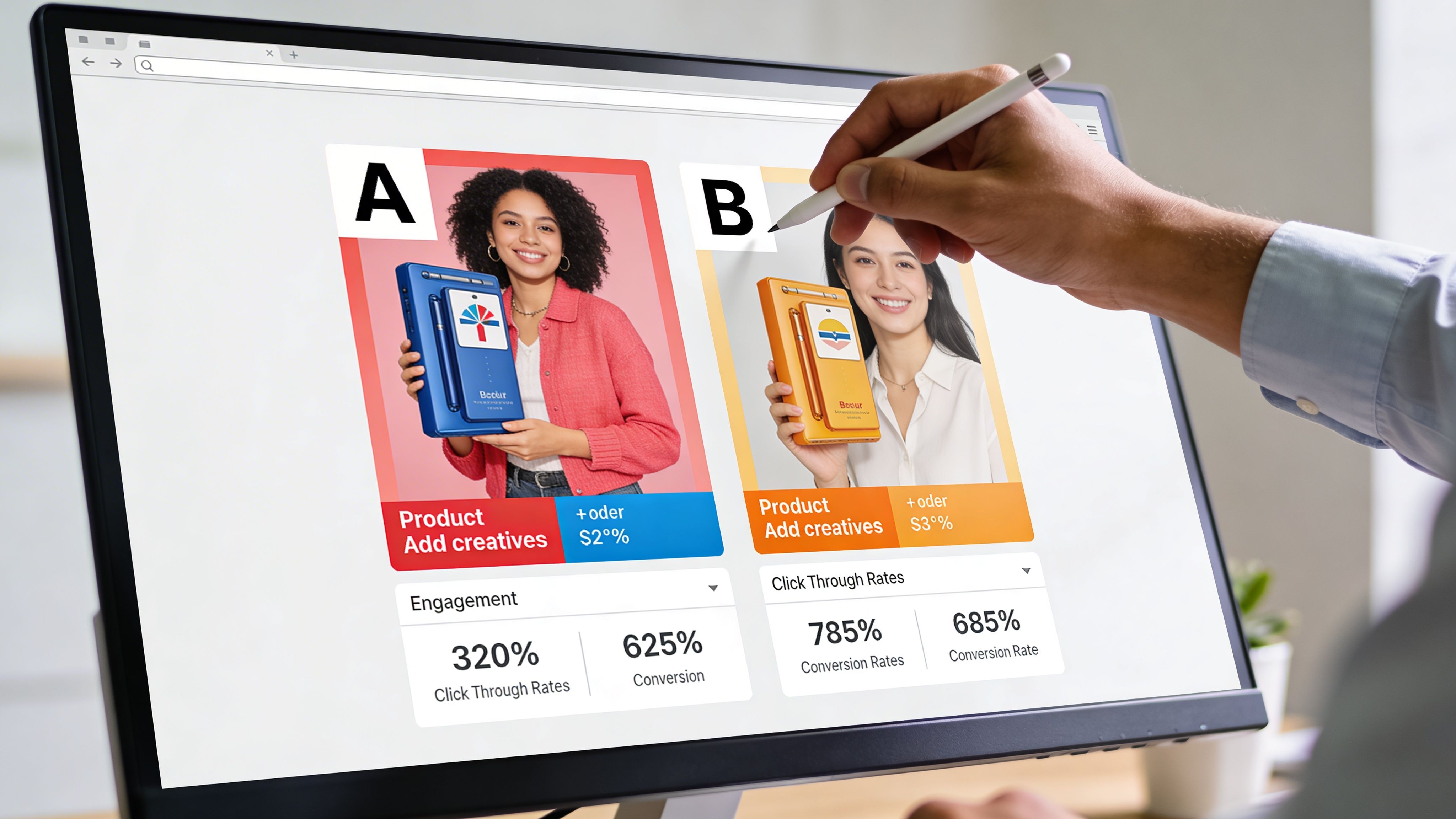 A designer using a stylus on a computer screen to compare two product advertisement marketing creatives.