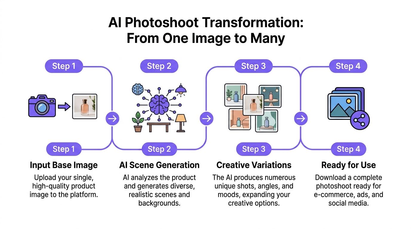 A four-step infographic illustrating how AI transforms a single product image into multiple creative photoshoot variations.