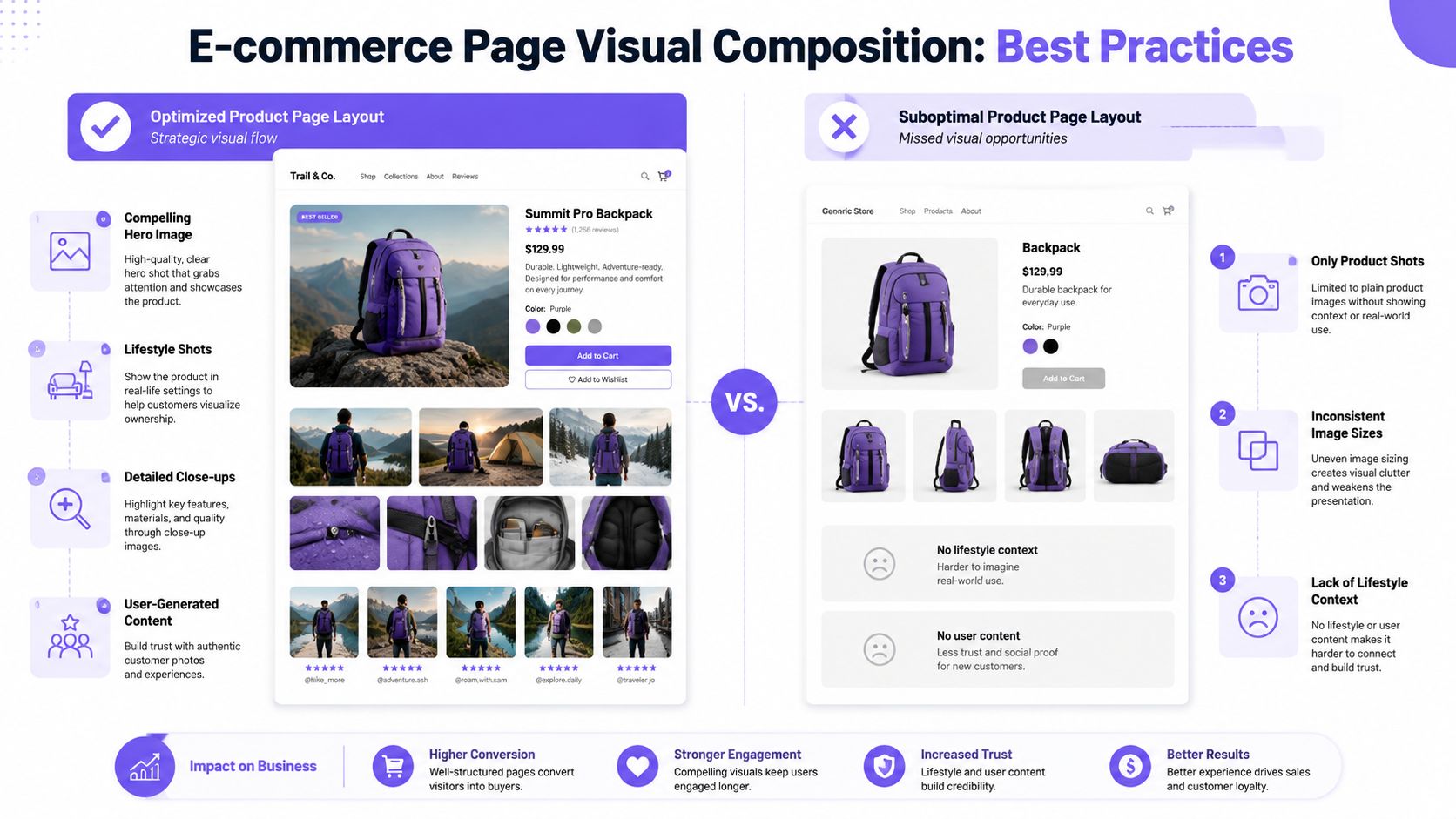 A comparative infographic showing best practices for e-commerce product page visual composition versus suboptimal layout design.