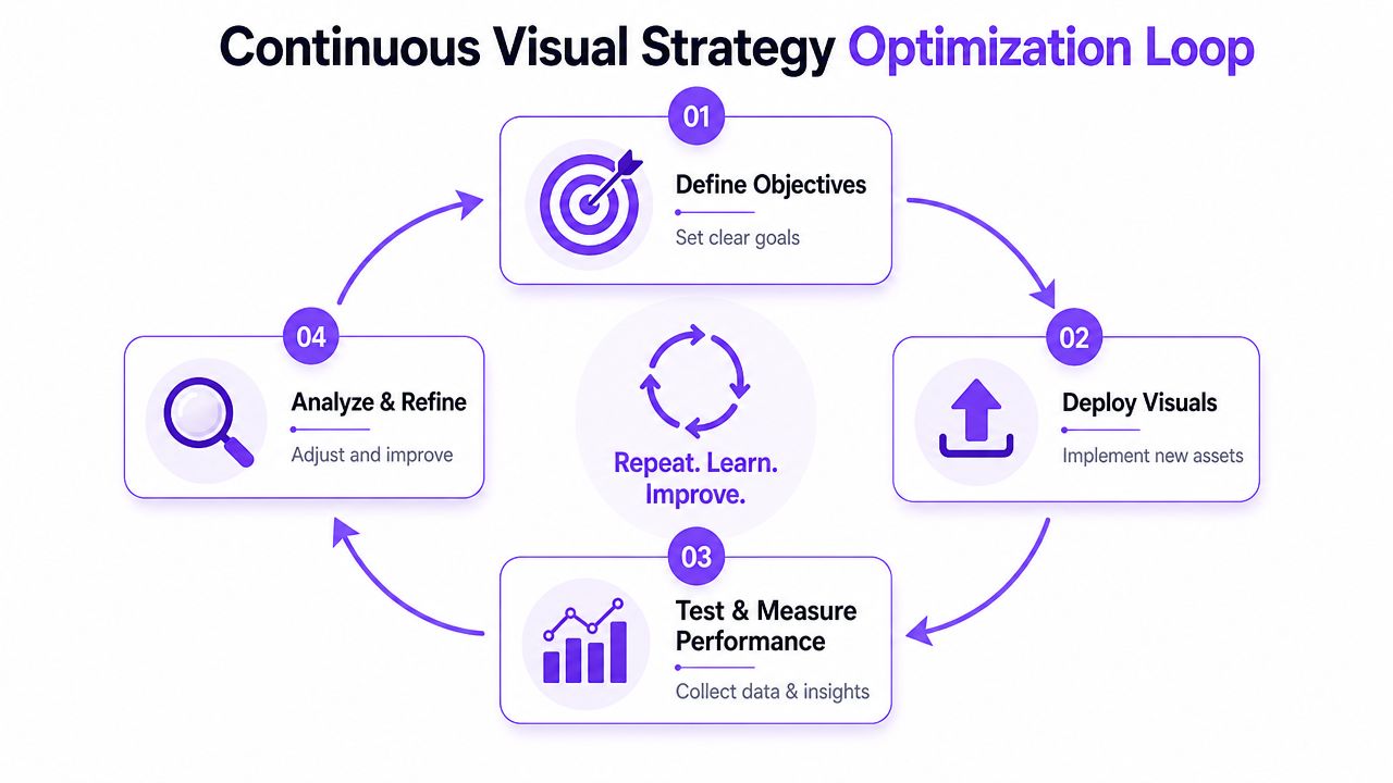 A four-step cycle diagram illustrating a continuous visual strategy optimization loop for business performance improvement.