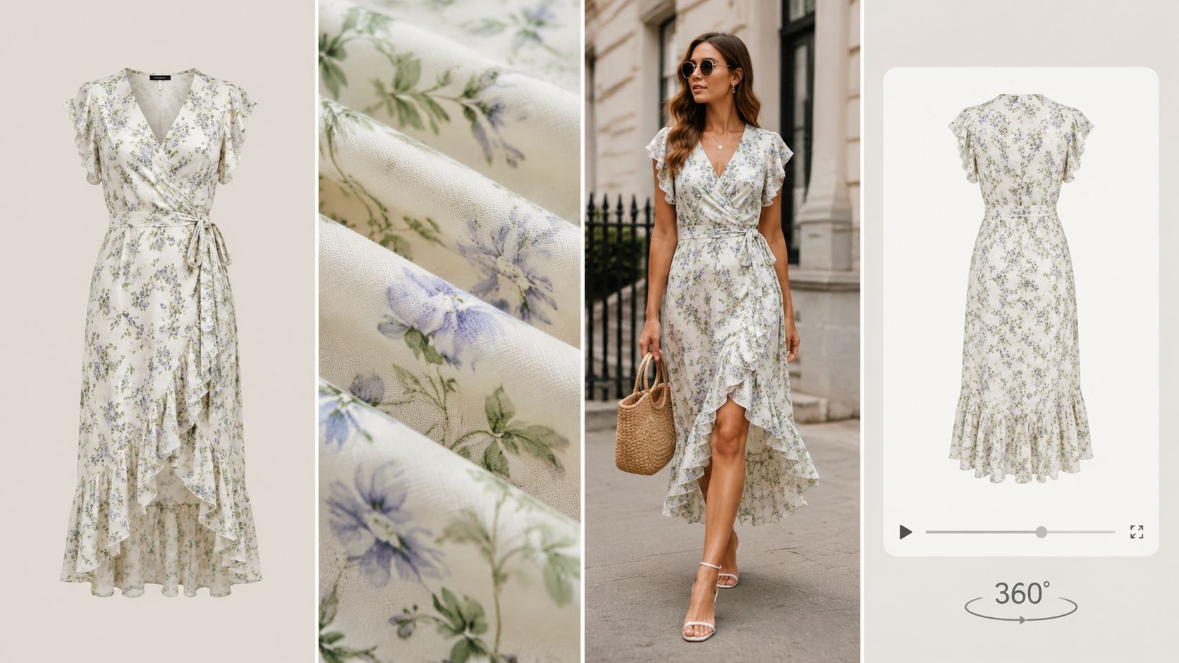 A floral wrap midi dress with ruffled hem displayed in multiple views on a light background.