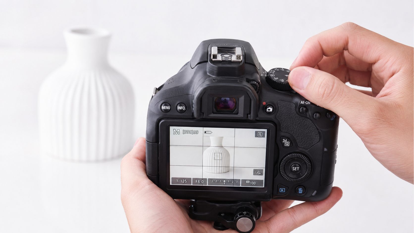 A close-up of hands holding a professional DSLR camera, capturing a minimalist white vase on a white background.