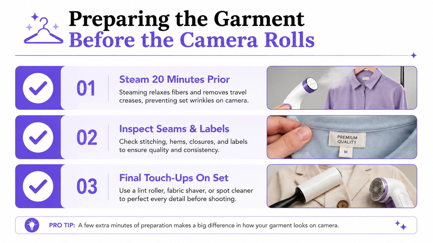 A styling guide infographic illustrating three essential garment preparation steps for professional photography sessions.