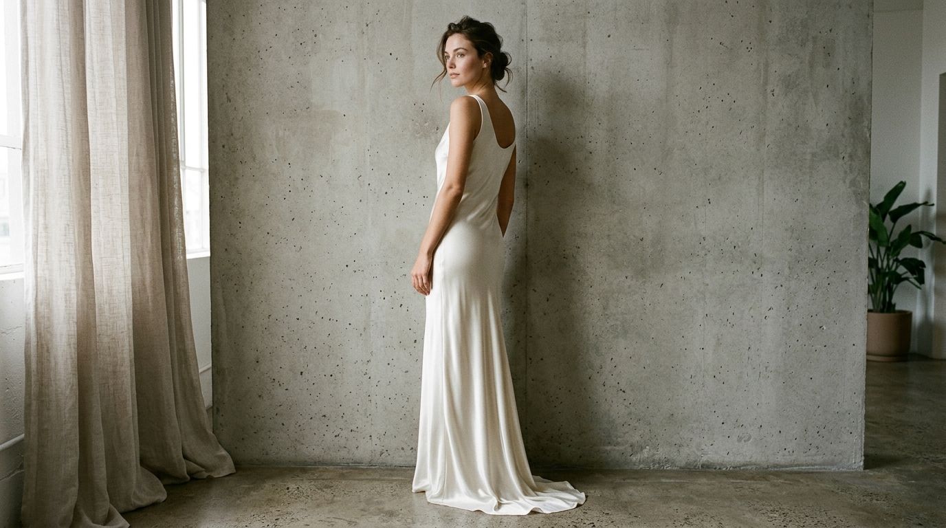 A woman wearing a simple white silk bridal gown standing against a textured concrete wall photography backdrop.