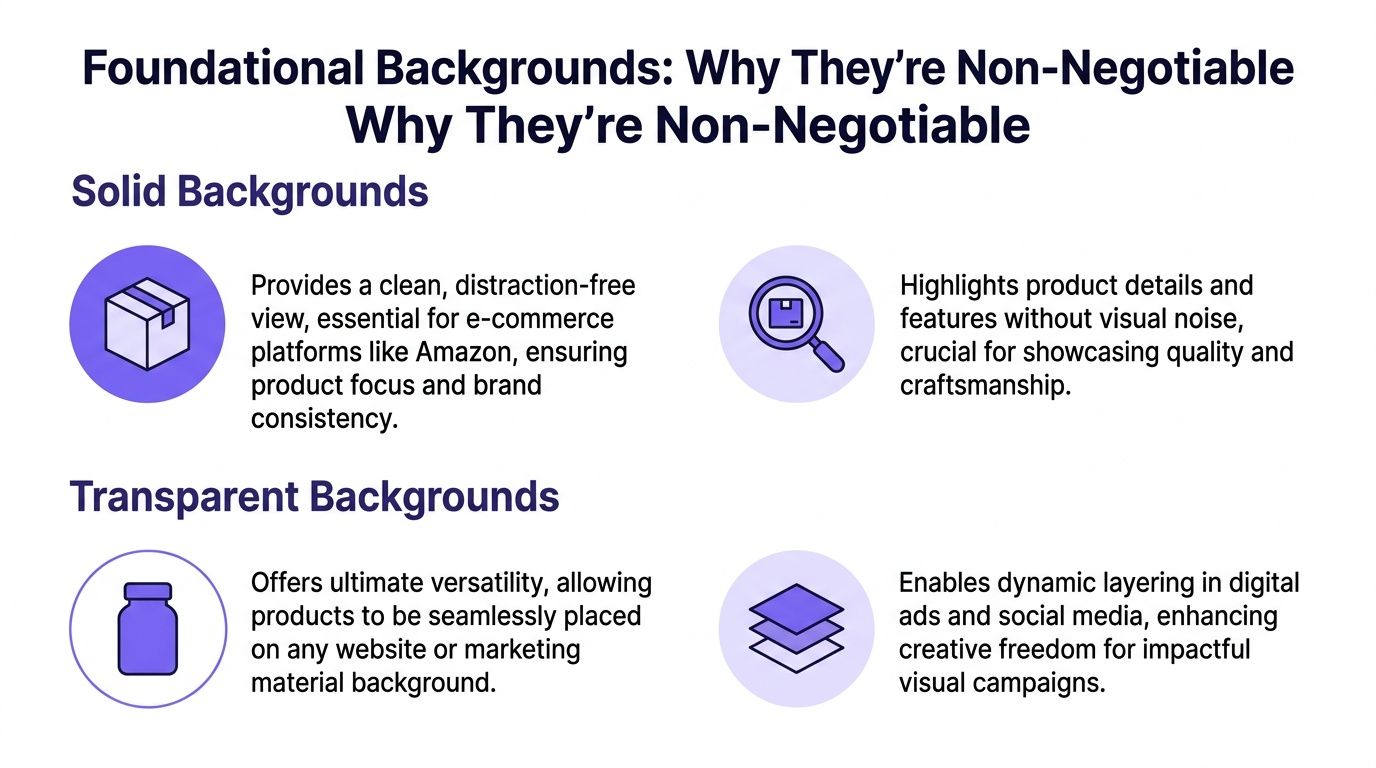A graphic explaining the importance of solid and transparent backgrounds for professional product photography and e-commerce.