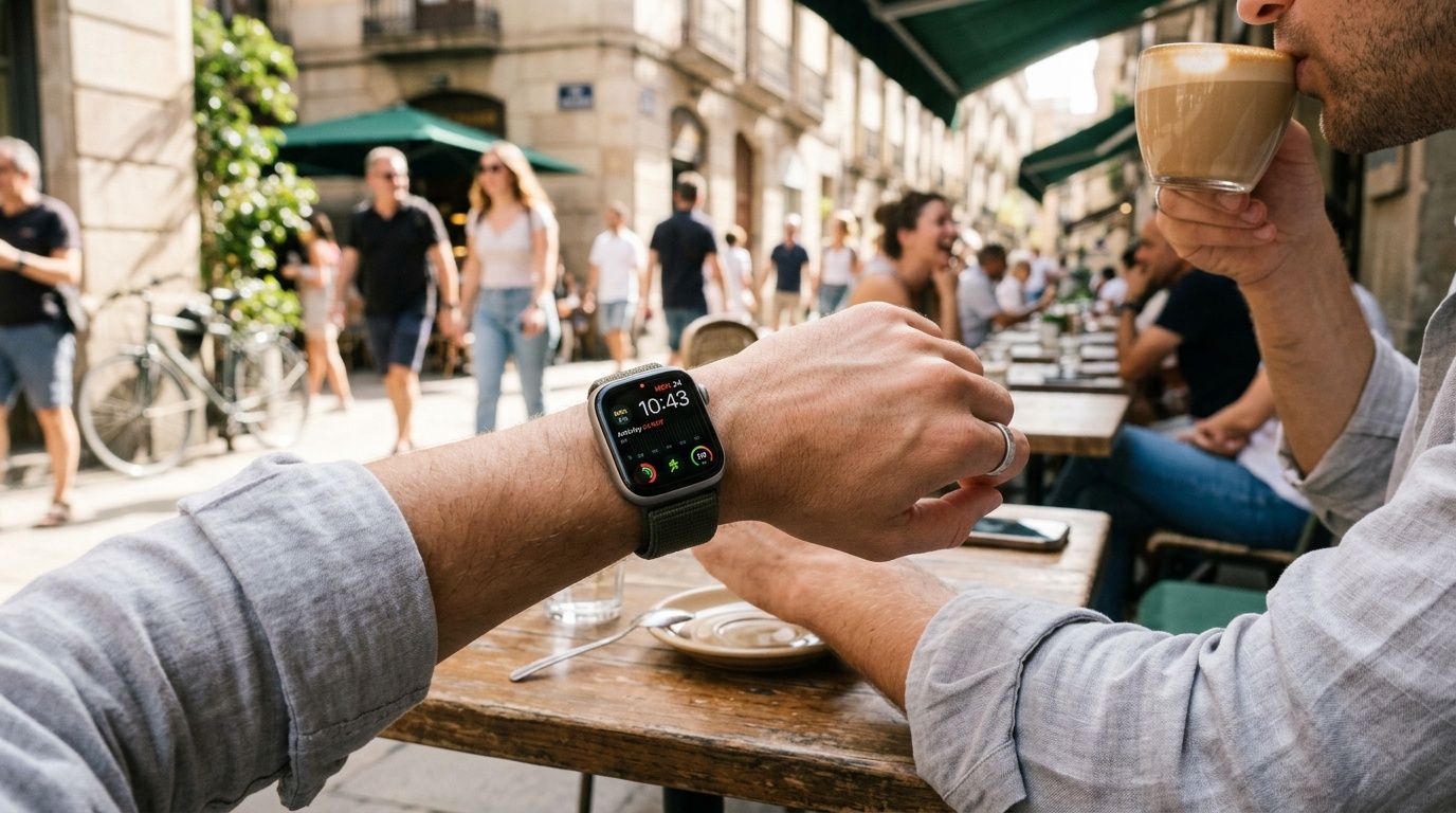 A person wearing an Apple Watch with a green strap while sitting at an outdoor city cafe.