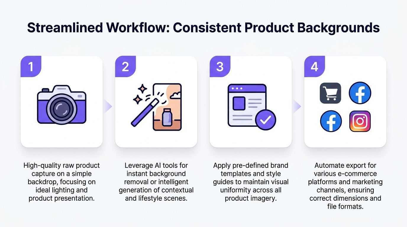 A four-step infographic illustrating a streamlined workflow for creating consistent product backgrounds for e-commerce.