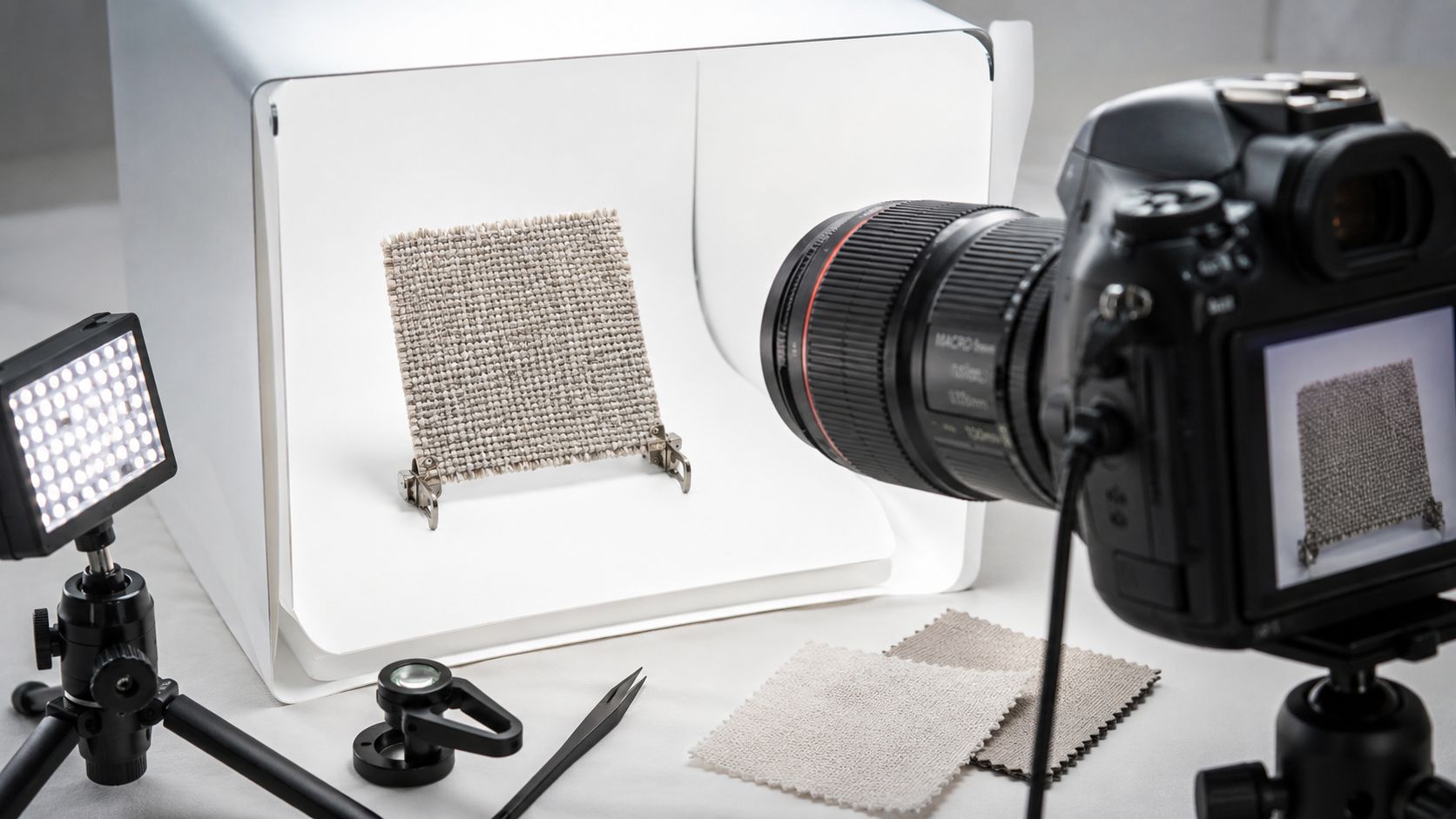 A professional camera and studio lighting capturing a detailed texture sample inside a white photography light box.