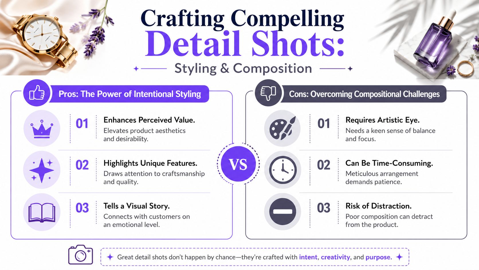 An infographic comparing the pros and cons of intentional styling in product detail shot photography.
