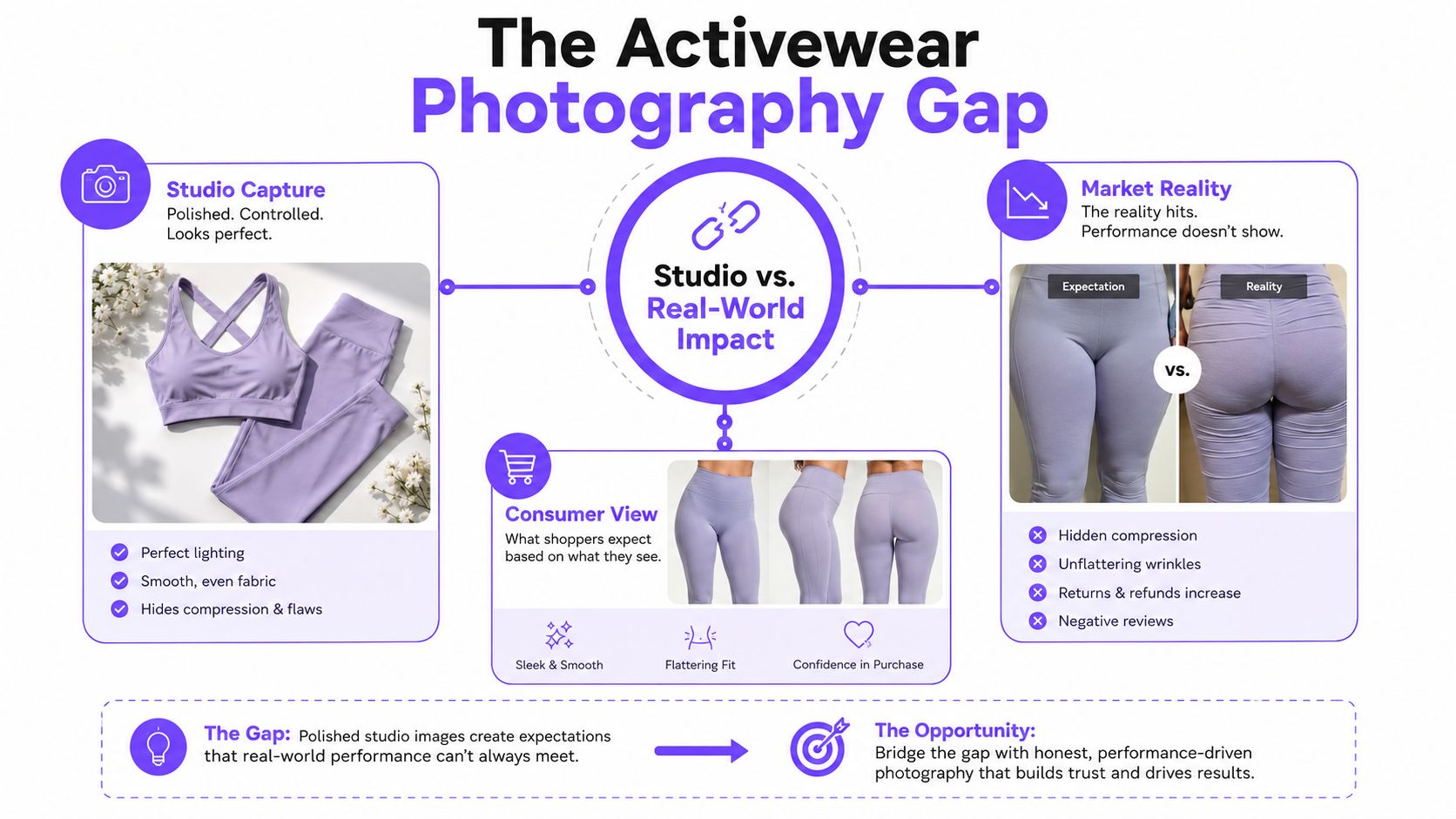 An infographic illustrating the gap between polished studio activewear photography and realistic performance expectations for consumers.