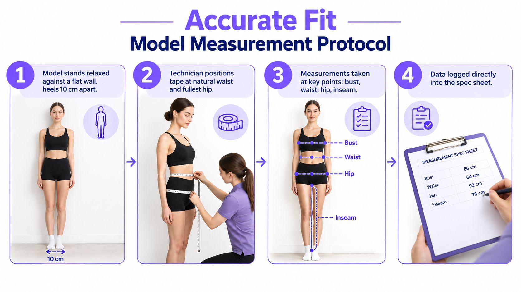 A four-step guide illustrating the professional protocol for taking accurate measurements on a fashion fit model.