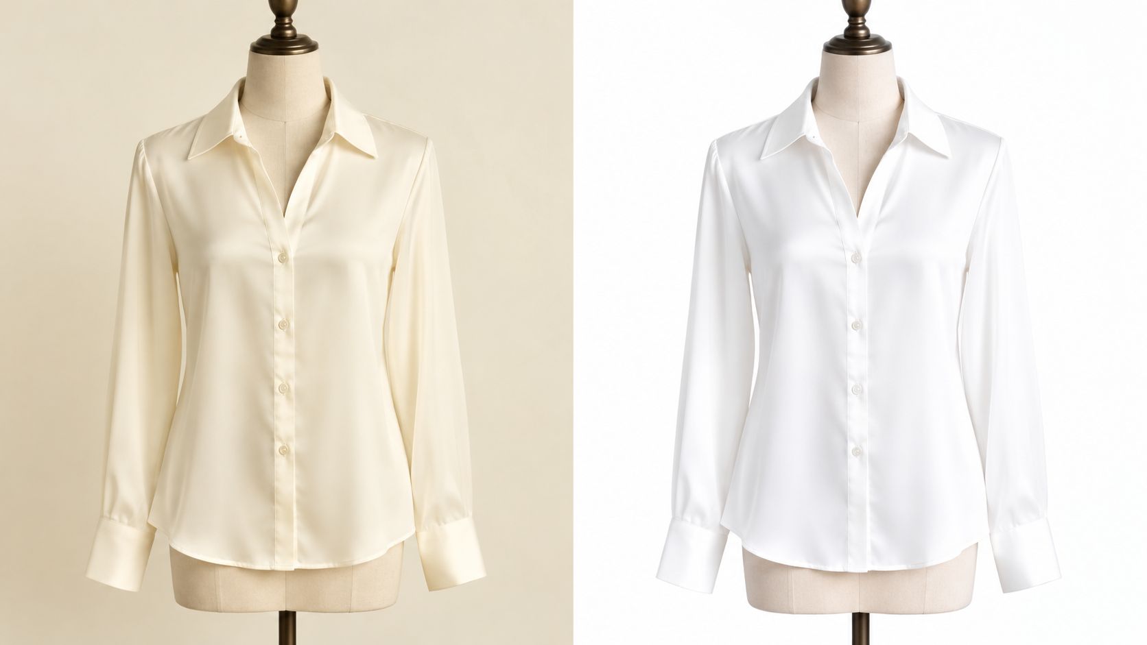 A side-by-side comparison of a silk blouse showing the effect of white balance adjustment in photography.