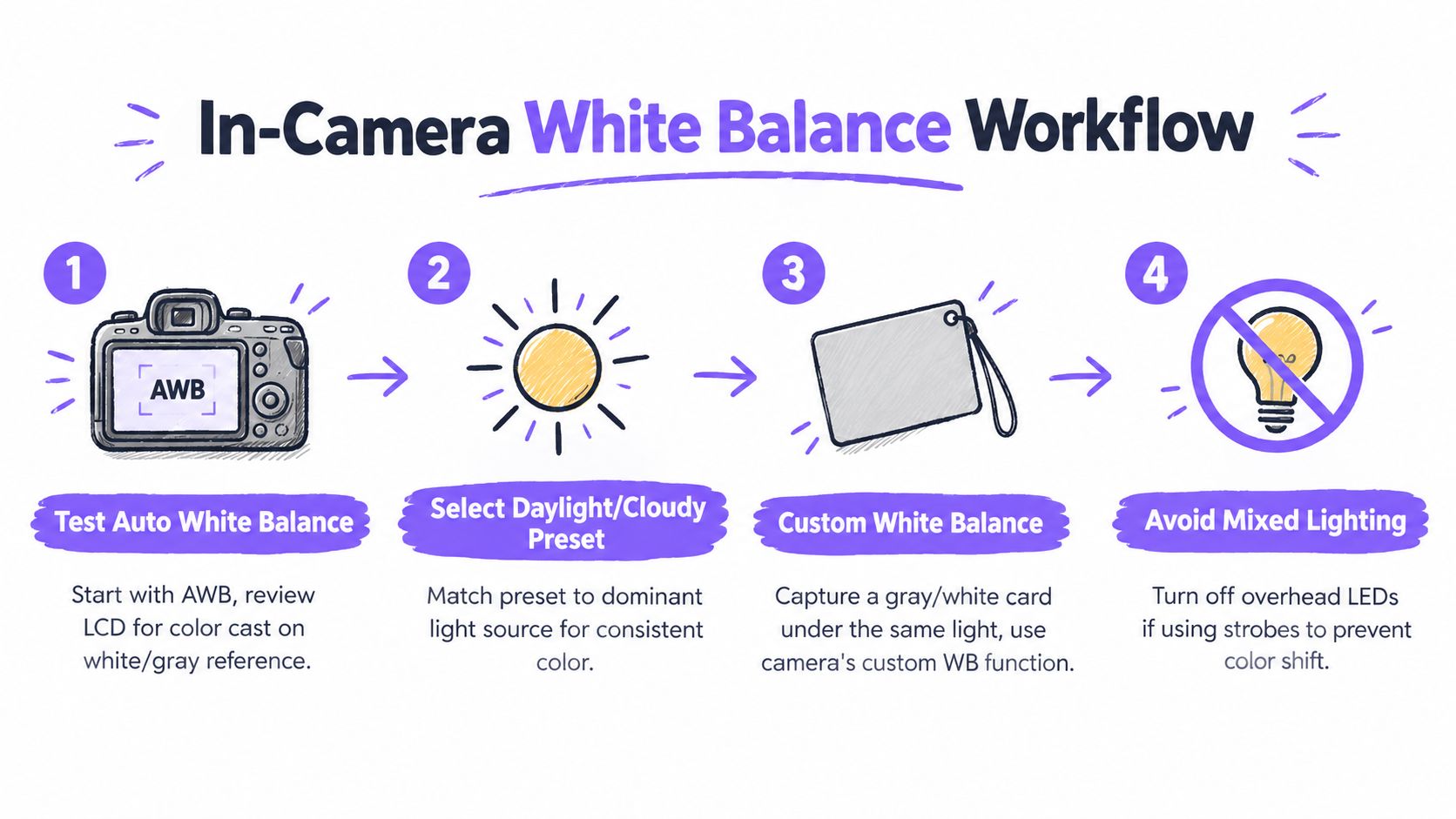 An infographic illustrating a four-step professional in-camera white balance workflow for consistent color photography results.