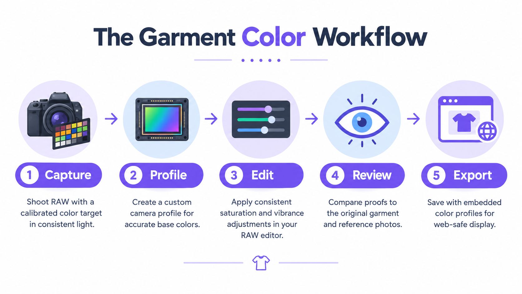 A five-step infographic showing the garment color workflow from image capture to digital export.