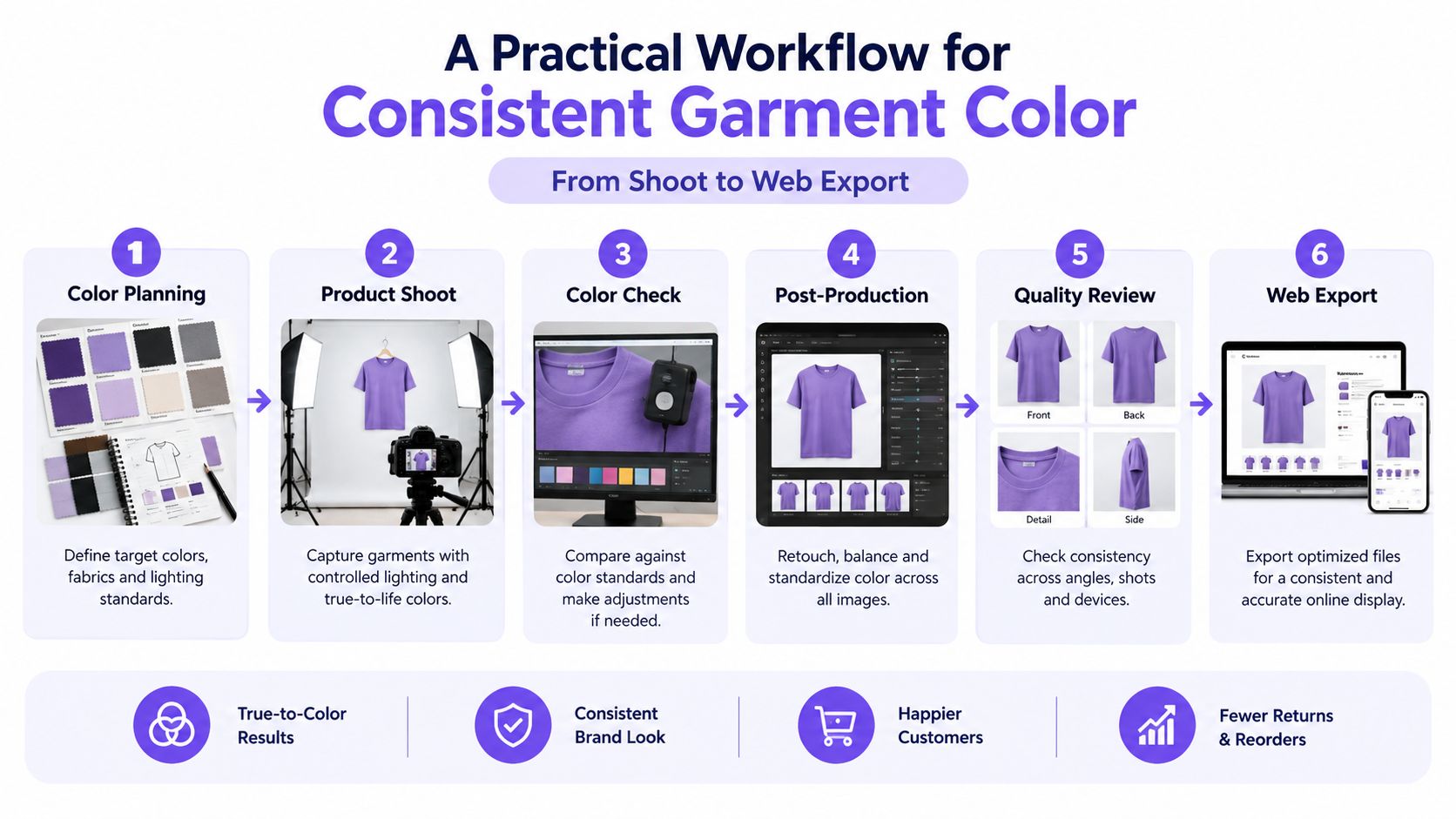 A professional six-step infographic detailing a practical workflow for ensuring consistent garment color in product photography.
