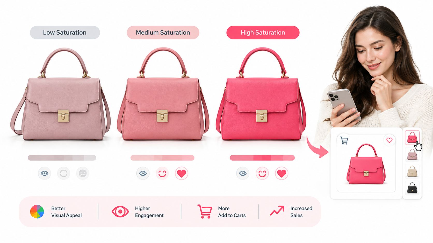 A marketing graphic demonstrating the impact of color saturation on visual appeal, engagement, and online shopping sales.