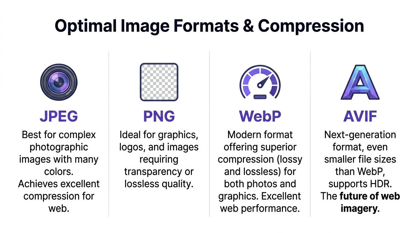A comparison chart highlighting the optimal usage for JPEG, PNG, WebP, and AVIF image file formats.
