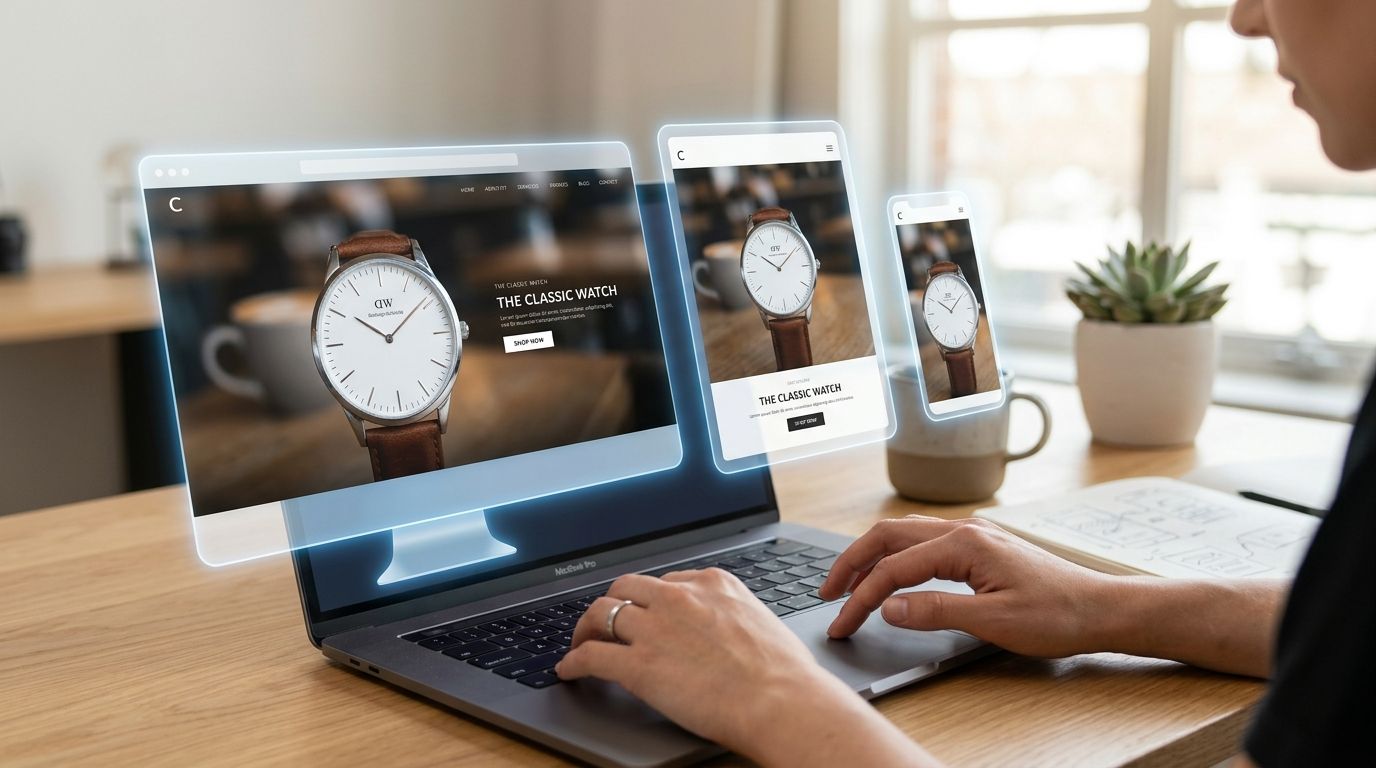 A person using a laptop to design responsive ecommerce watch store website layouts across multiple devices.