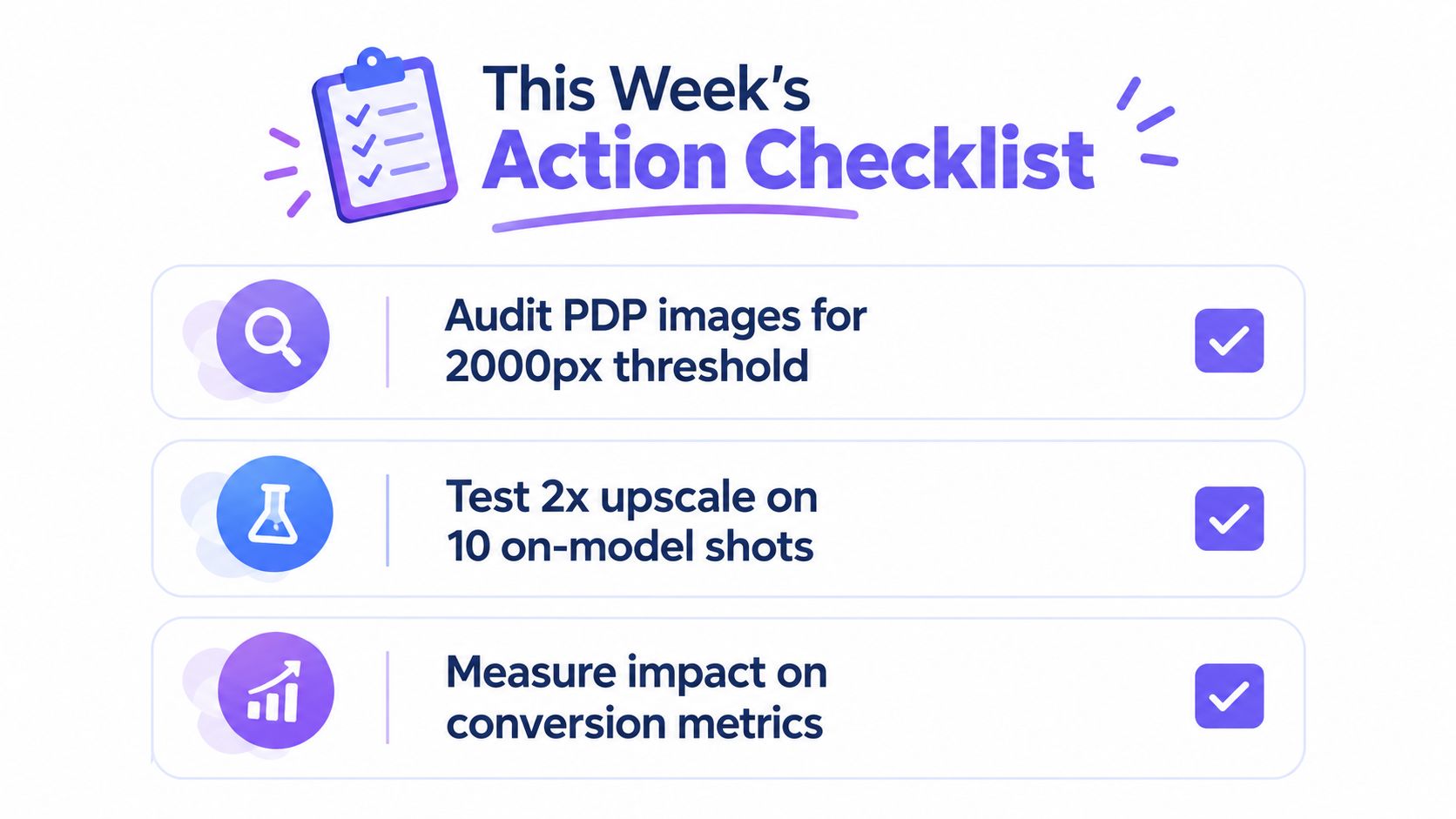 A weekly action checklist graphic featuring tasks for auditing, upscaling, and measuring ecommerce product images.