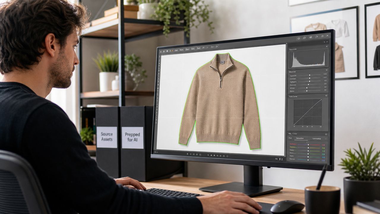 A professional designer using photo editing software on a computer to adjust the colors of a sweater.