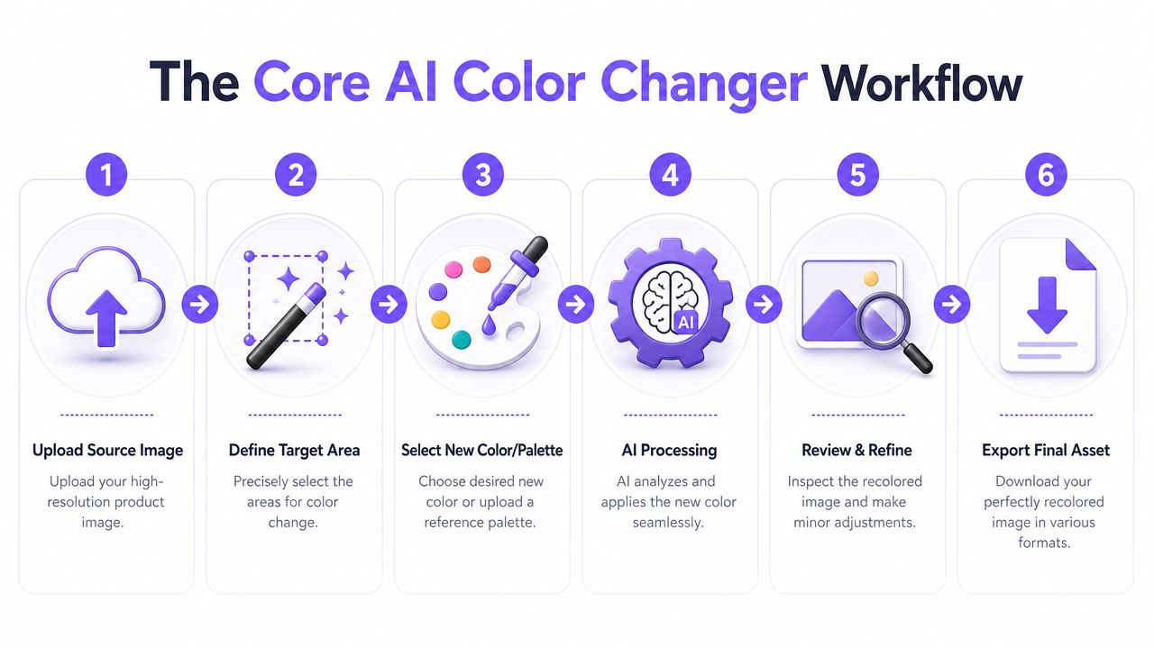 A six-step infographic illustrating the AI color changer workflow for editing high-resolution product images efficiently.