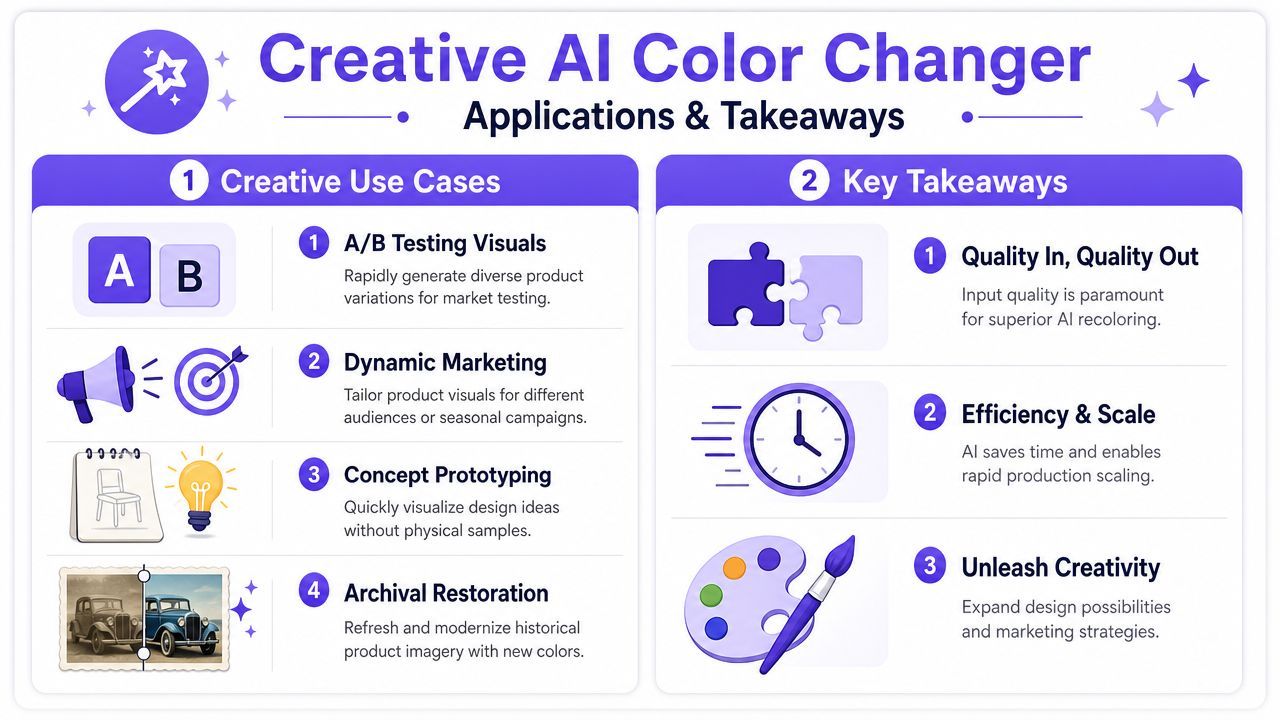 An infographic titled Creative AI Color Changer outlining various marketing use cases and key takeaways for businesses.