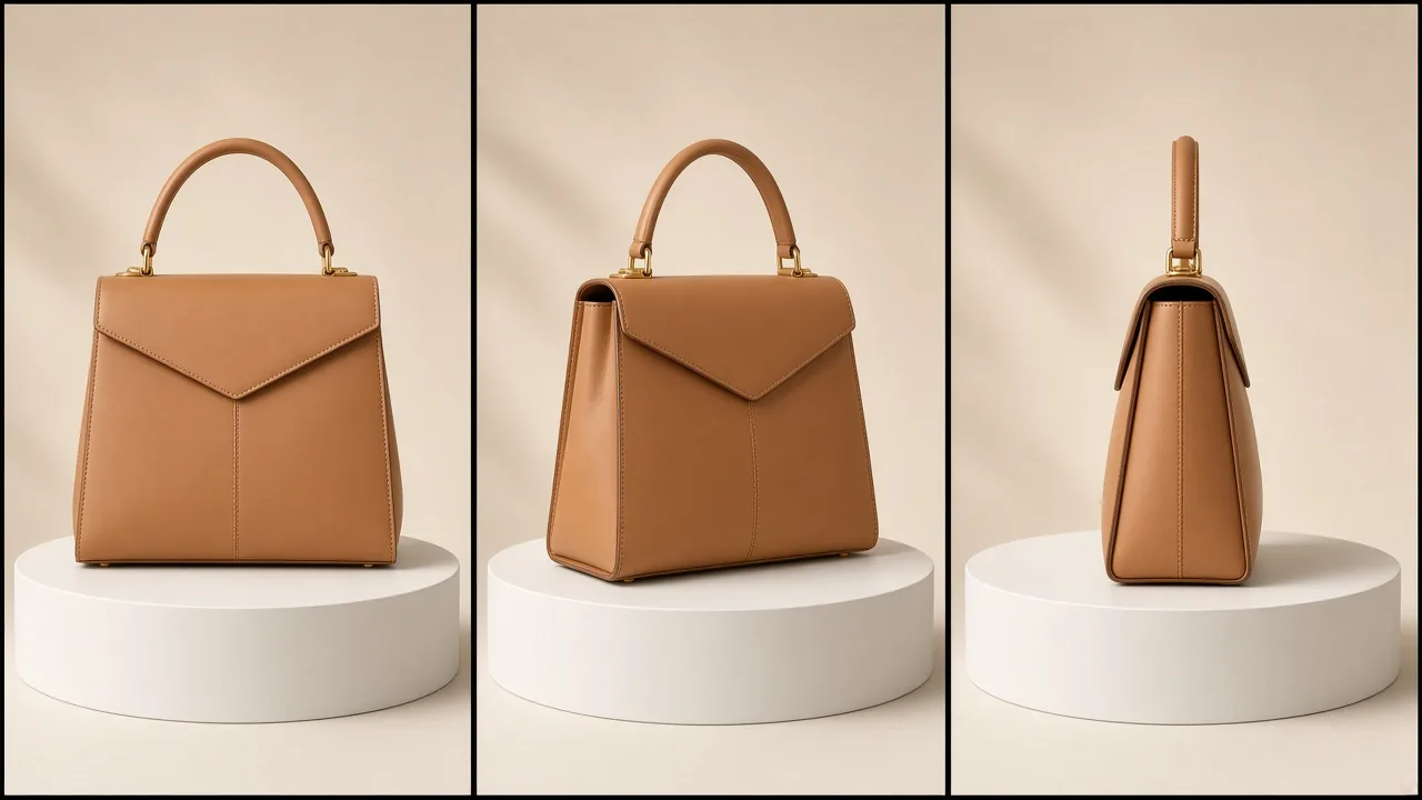 AI product video frames of a rotating leather handbag on a white podium