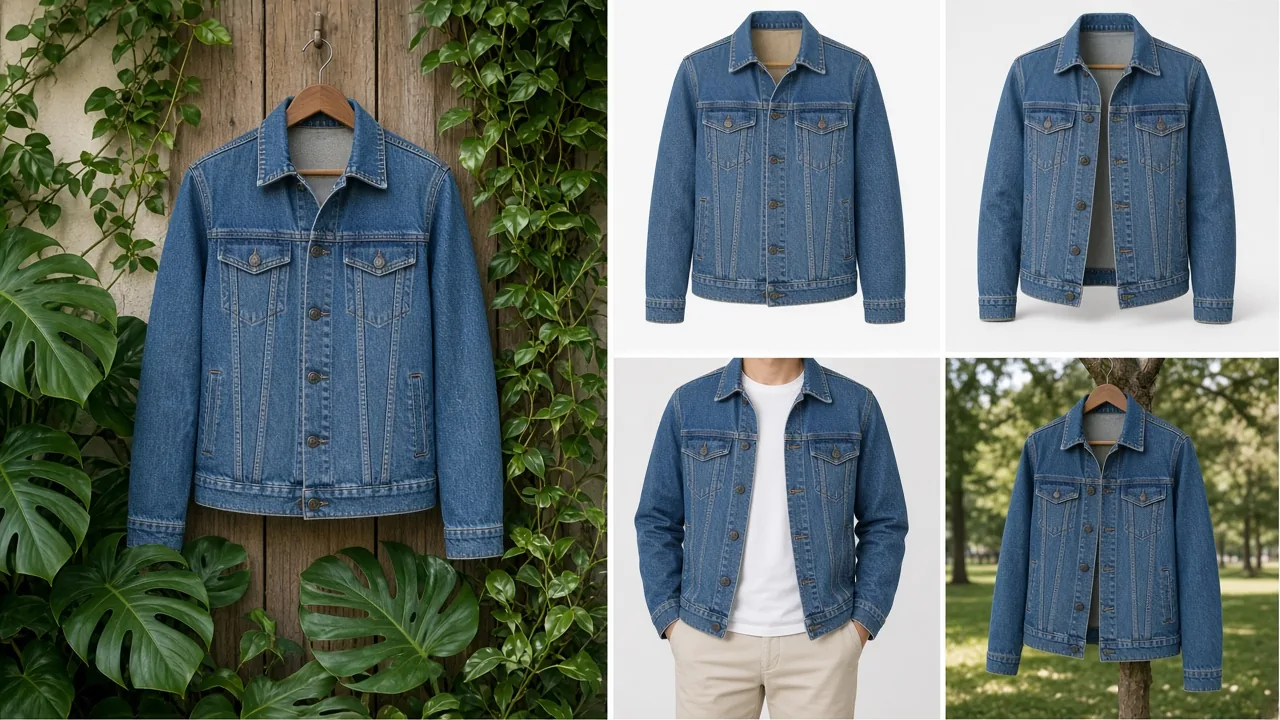 One styled background scene versus a full set of packshot, ghost mannequin, on-model and lifestyle images of a denim jacket
