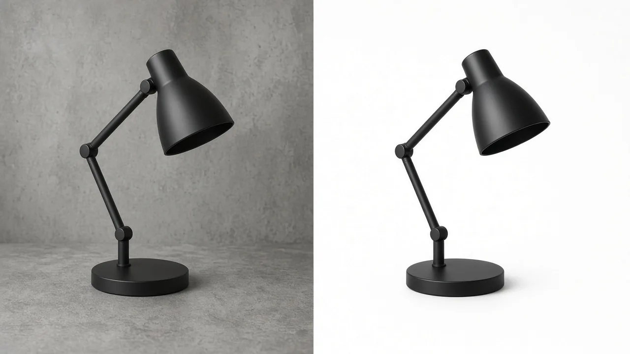 Dull product photo of a desk lamp beside a sharp square packshot on white