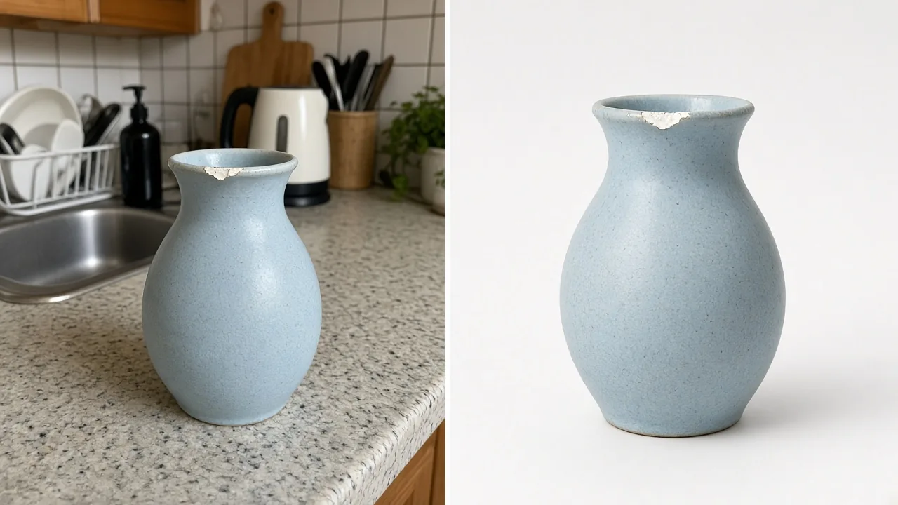 Ceramic vase photo on a cluttered counter versus a clean white background with the rim chip still visible