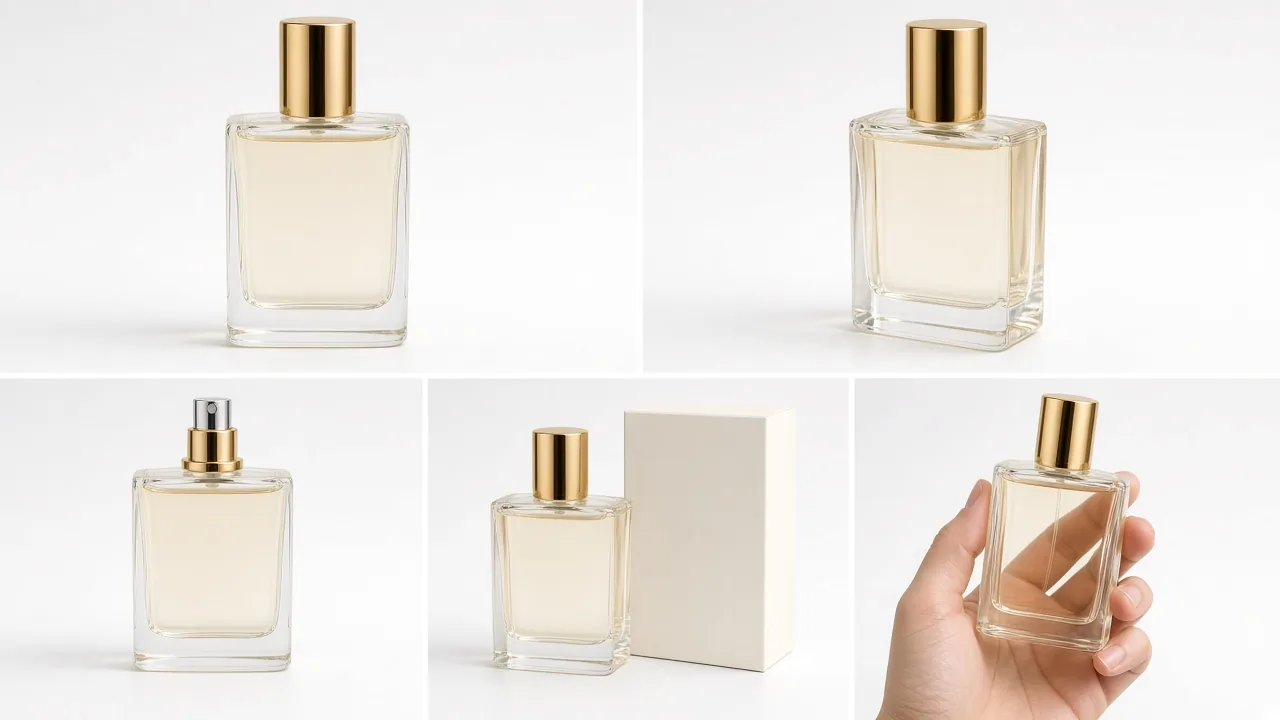 Perfume product photography shot list for a clear glass bottle