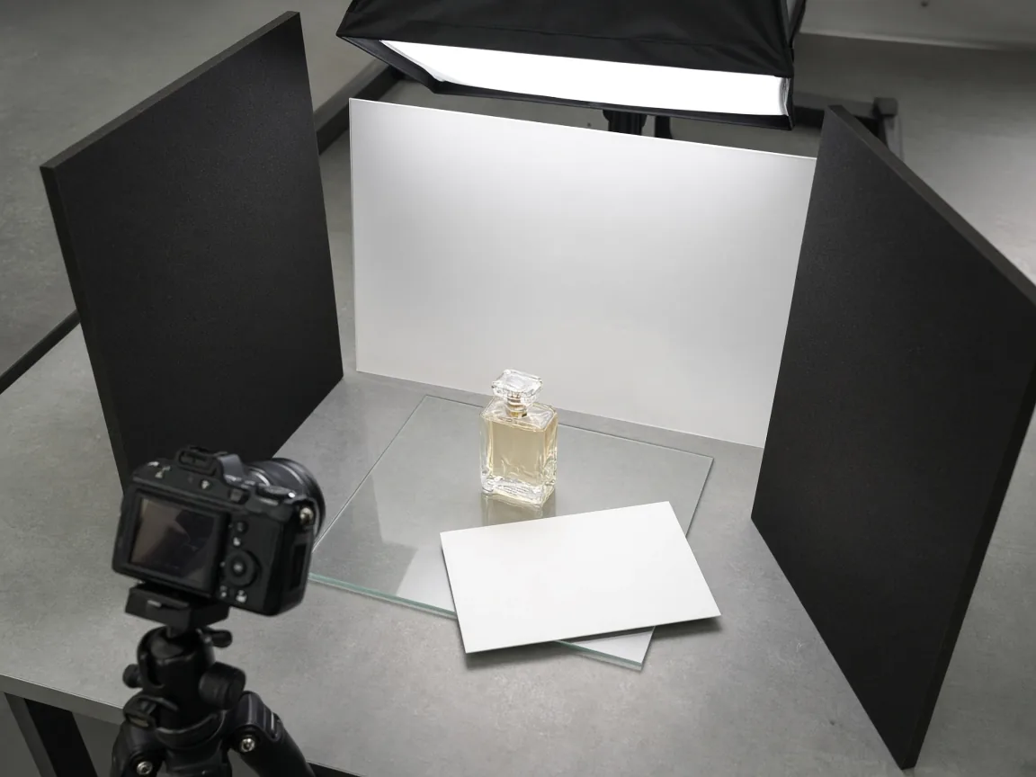 Perfume photography lighting setup with backlight and black flags