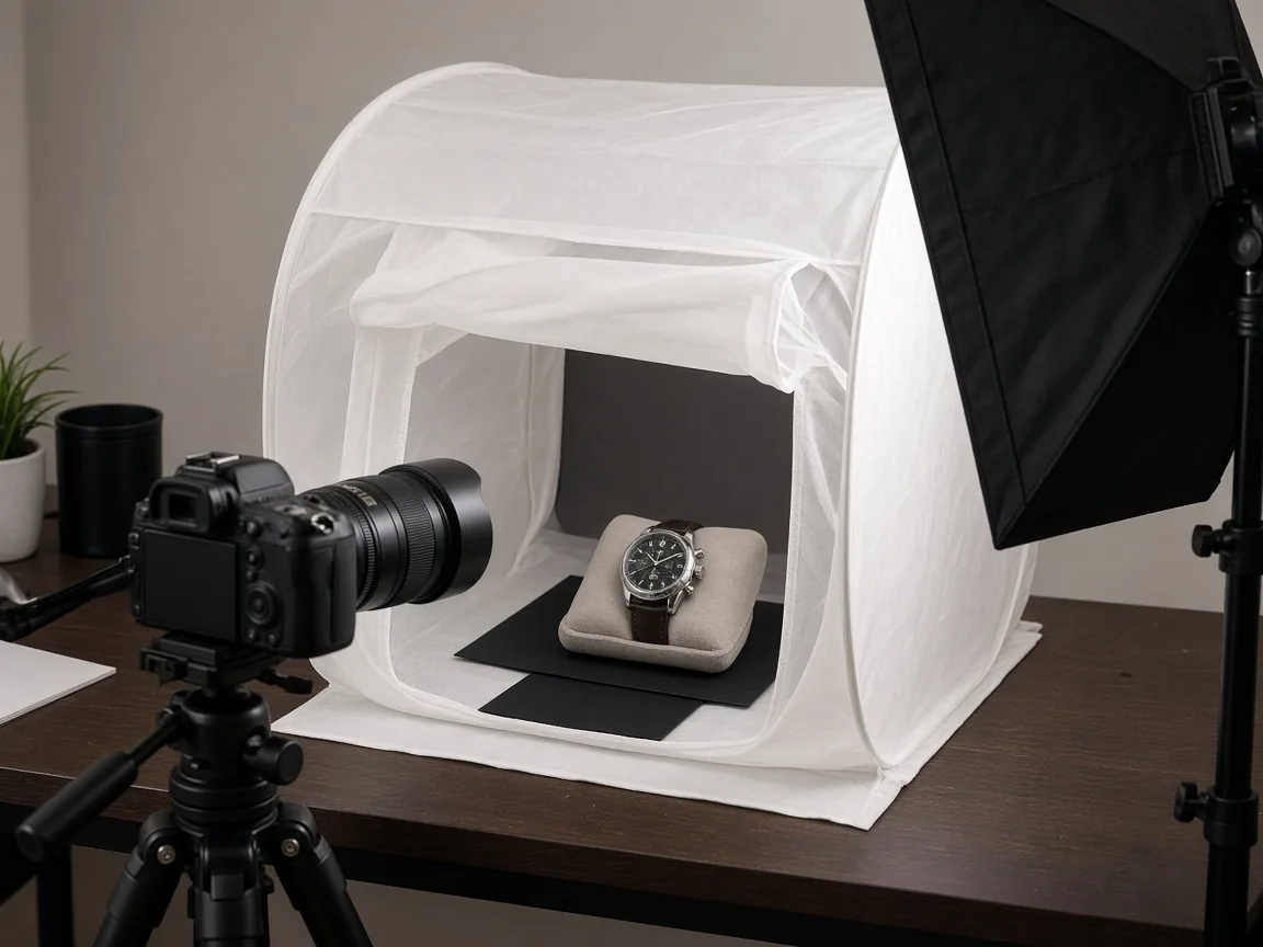 Simple tabletop watch photography setup with light tent and macro lens