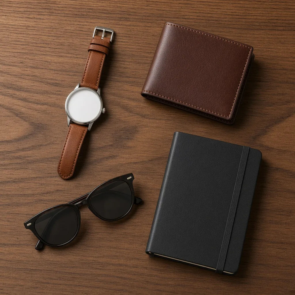 Watch flat lay photography idea with accessories
