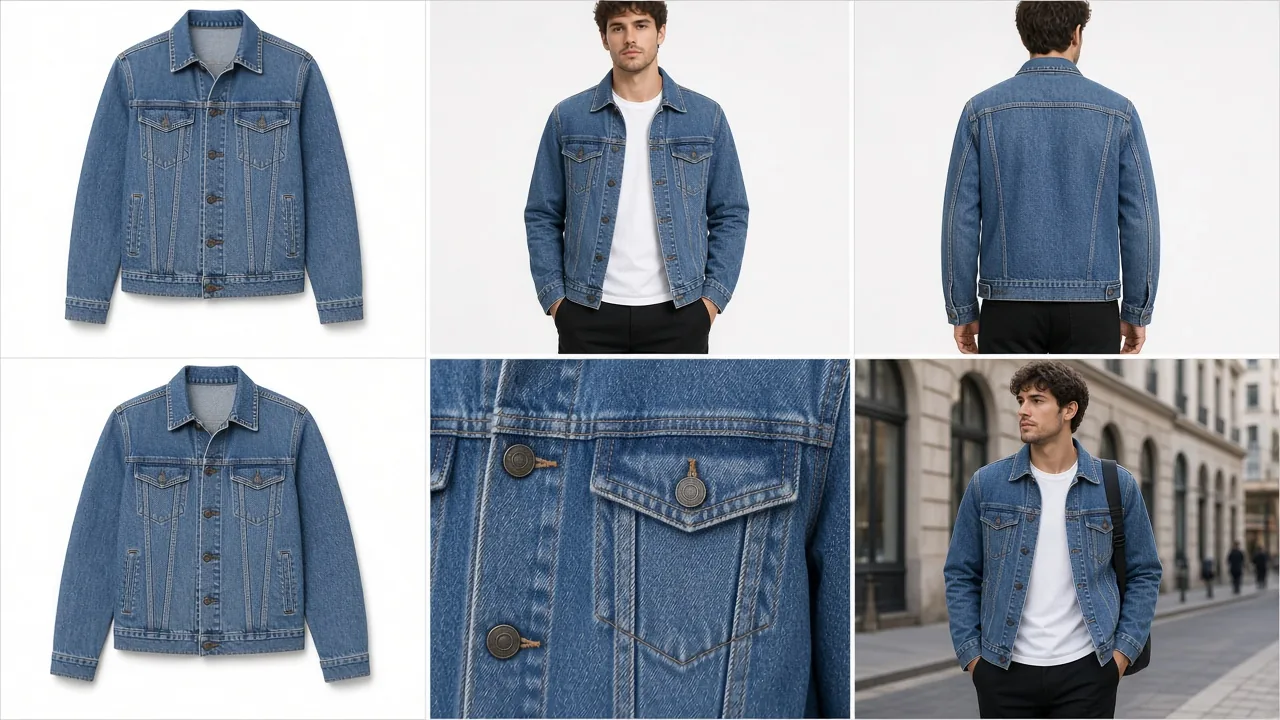 Full ecommerce gallery for one denim jacket with ghost mannequin, on-model, flat lay, detail and lifestyle images
