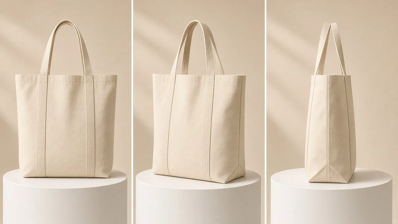 Product video frames of a canvas tote bag turning on a podium