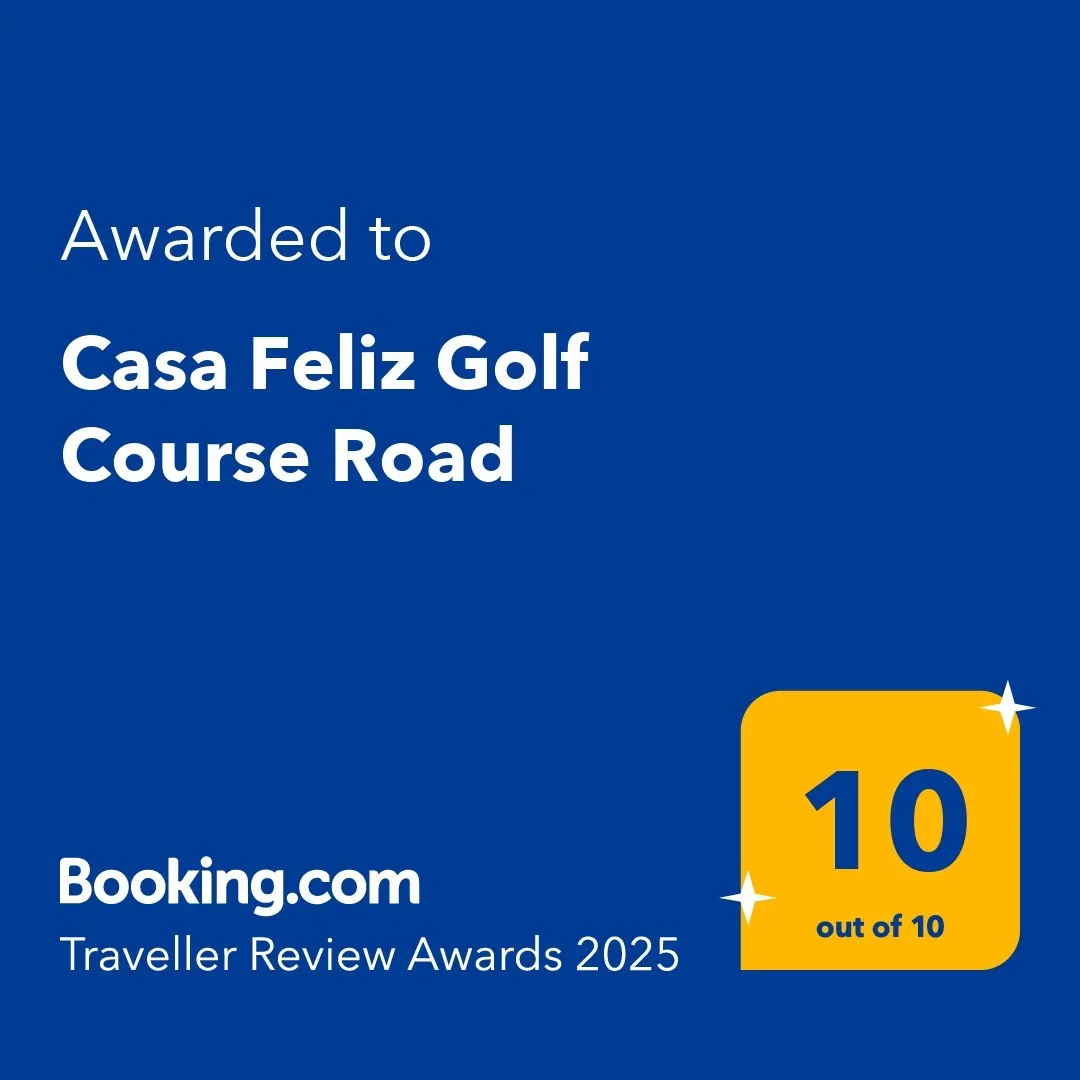 Booking.com Traveller Review Award 2025 badge showing Casa Feliz Golf Course Road rated 10 out of 10.