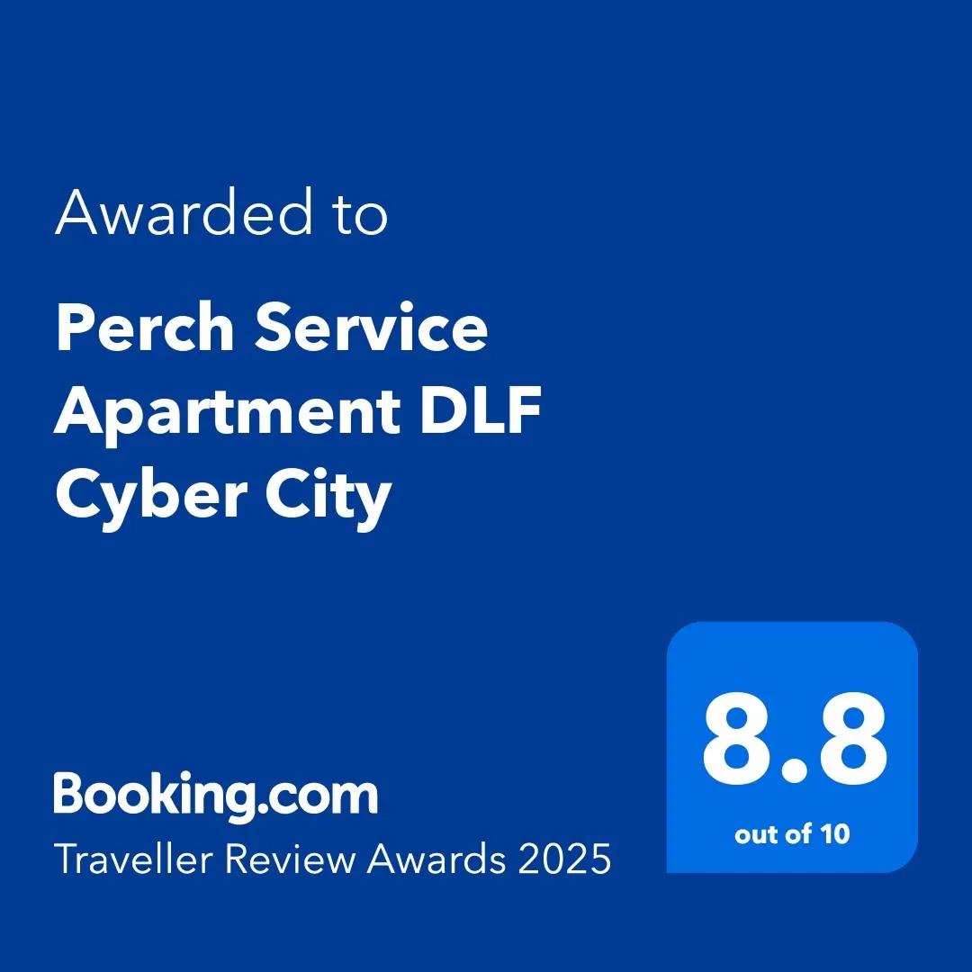 Blue Booking.com Traveller Review Award 2025 badge awarded to Perch Service Apartment DLF Cyber City with a score of 8.8 out of 10.