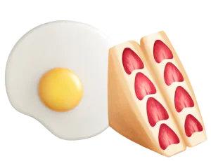 Sunny-side-up fried egg next to a strawberry sandwich with sliced strawberries and cream.