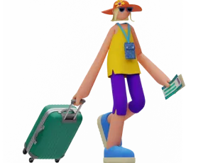Stylized traveler with wide-brimmed hat, sunglasses, yellow top, purple shorts, blue shoes, pulling a green suitcase and holding a striped ticket.