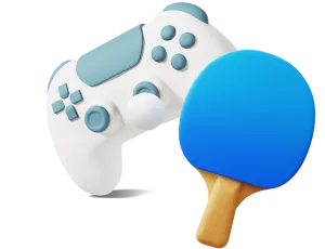 White and teal video game controller next to a blue ping pong paddle with a wooden handle.