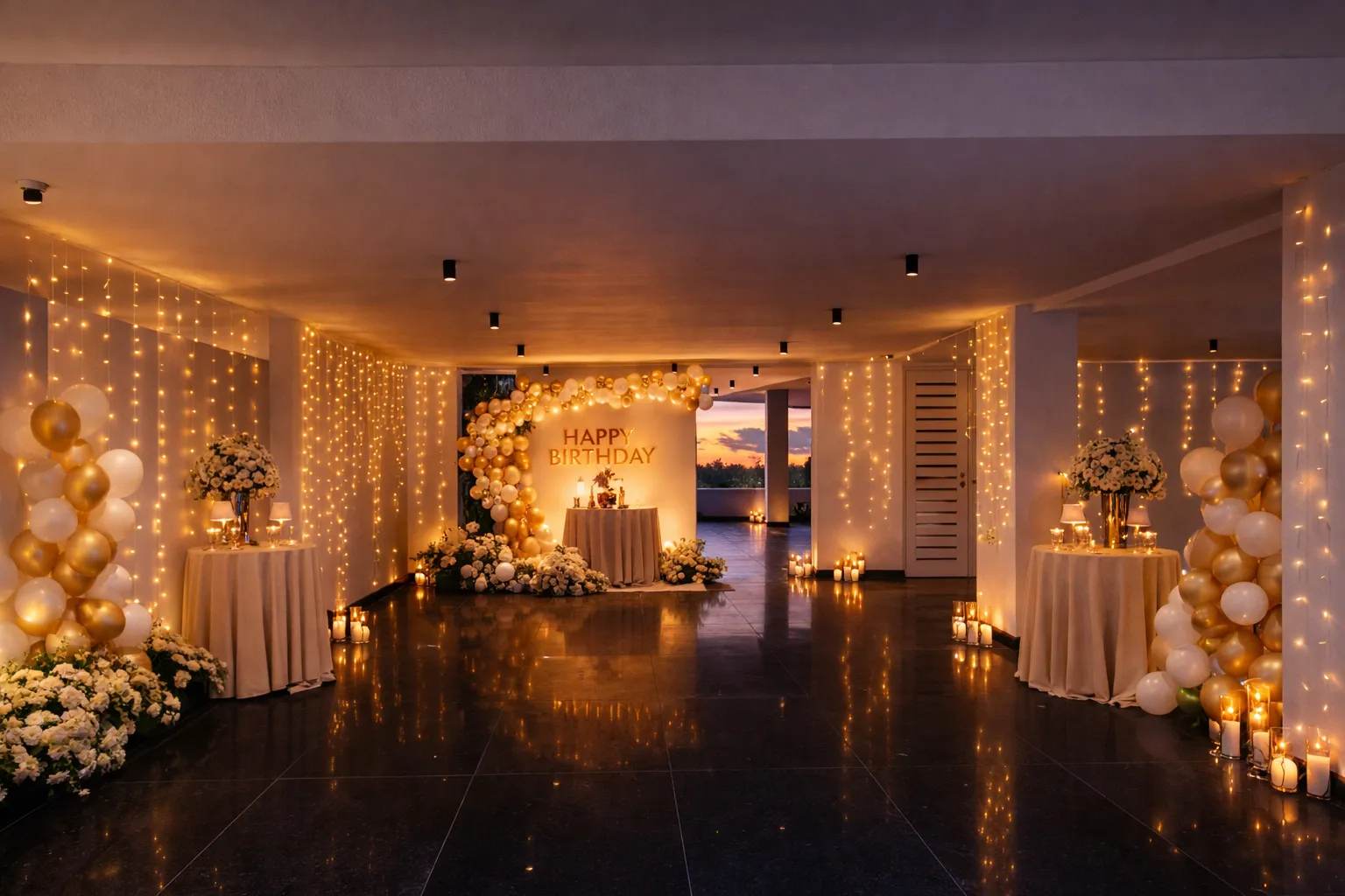 Indoor birthday party setup with gold and white balloons, string lights, floral arrangements, and candles surrounding a 'Happy Birthday' sign.