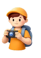 Illustration of a young person wearing a yellow cap and backpack, holding a camera and taking a photo.