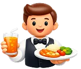 Cartoon waiter holding a glass of orange juice with a straw and a plate with food including eggs and vegetables.