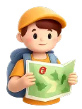 Cartoon boy wearing a yellow cap and backpack holding a map with location markers.