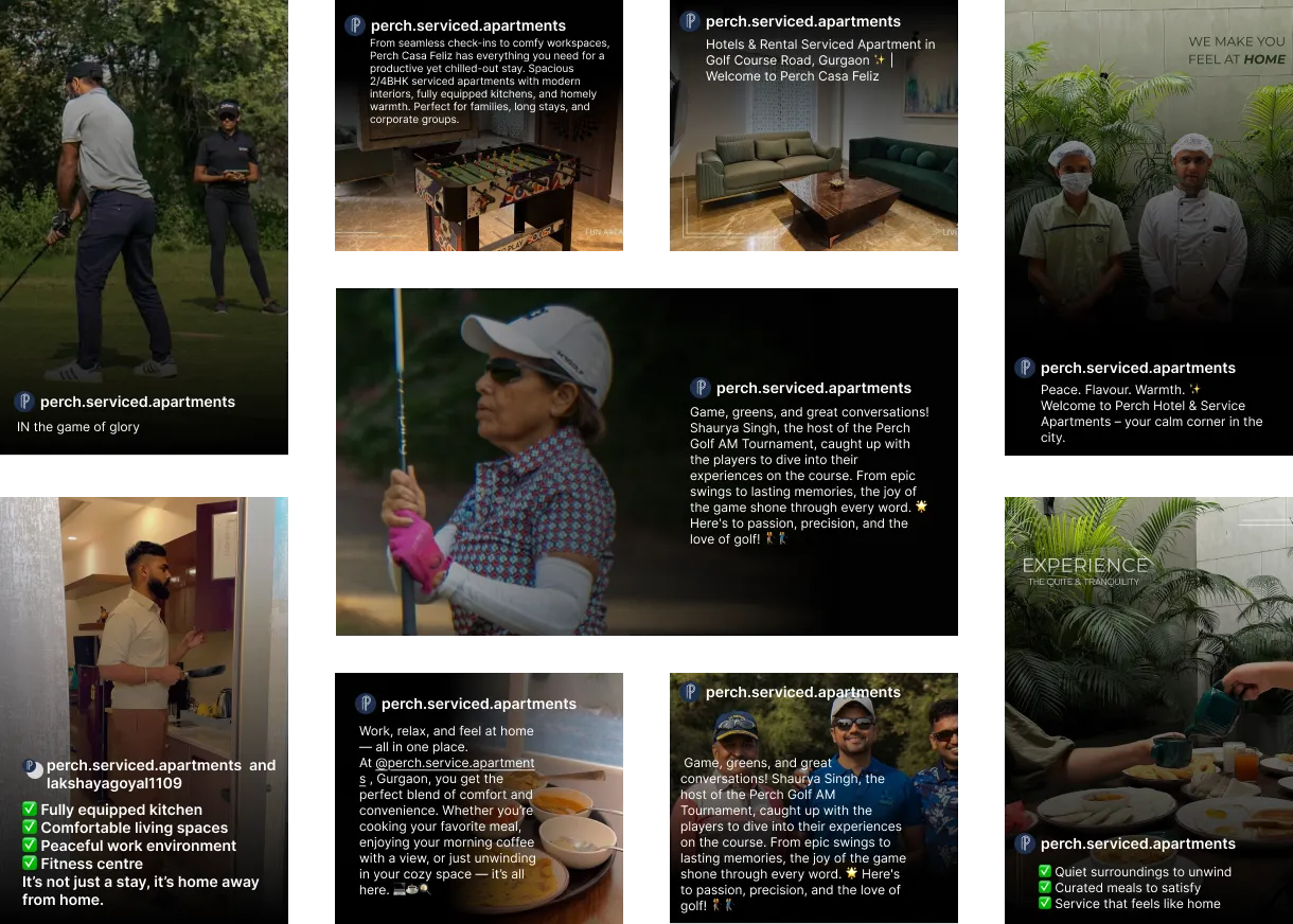 Collage showcasing Perch serviced apartments with images of golfers playing, apartment interiors, kitchen scenes, and staff wearing masks, emphasizing comfort, amenities, and a golf tournament.