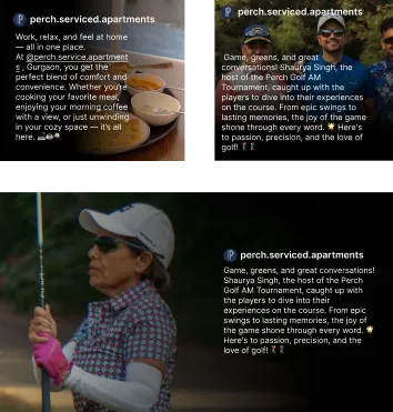 Collage showing text about Perch serviced apartments and images of people playing golf, including a close-up of a woman golfer holding a club.