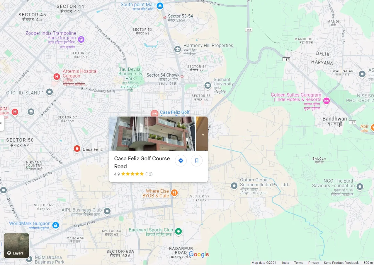 link to the google map of perch studio apartments on sohna road